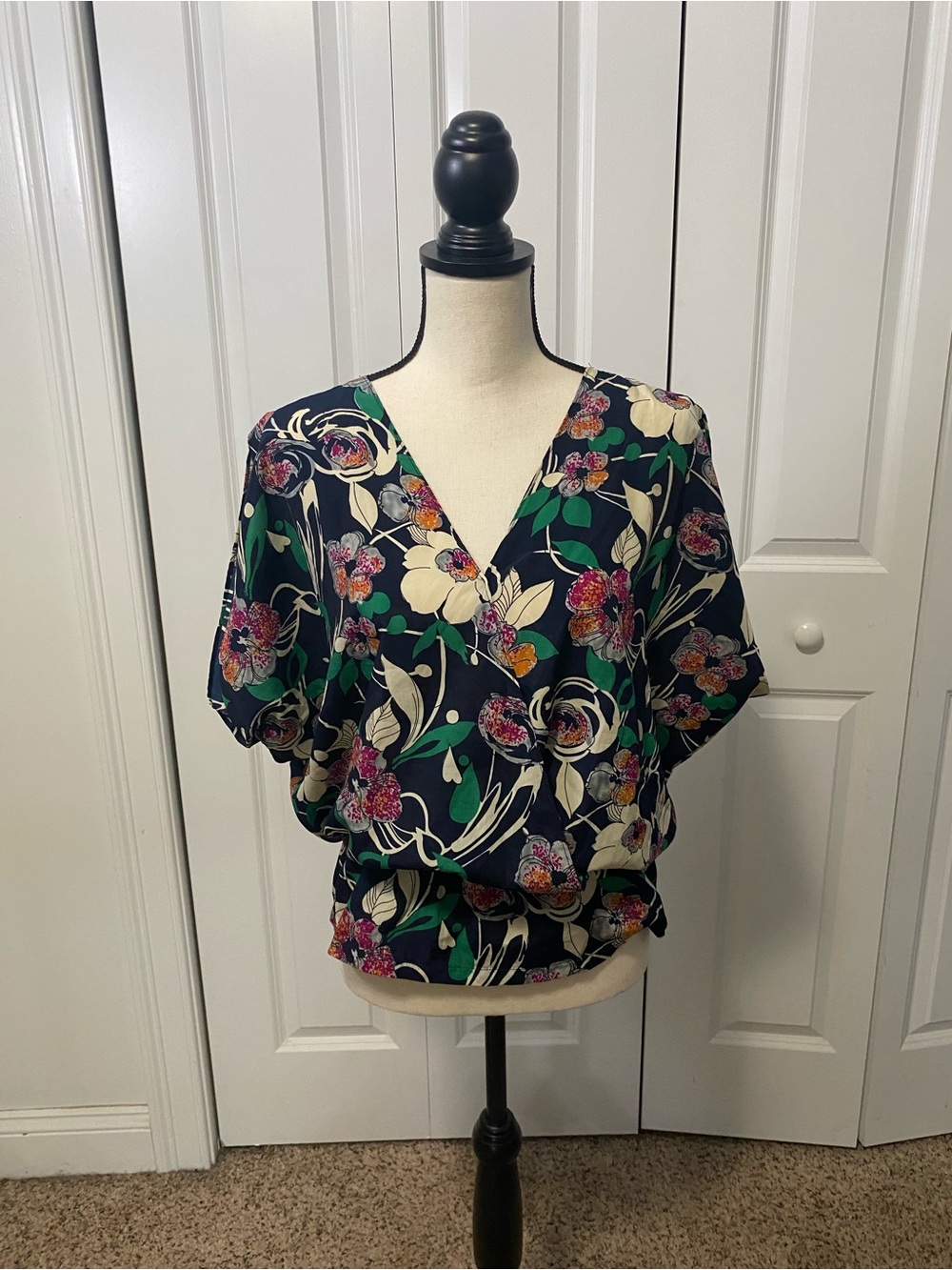 Nu New York Floral V-Neck Peplum Top in Navy and Cream